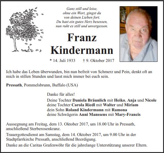Traueranzeige Franz Kindermann, Pressath