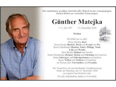 Traueranzeige Günther Matejka, Weiden