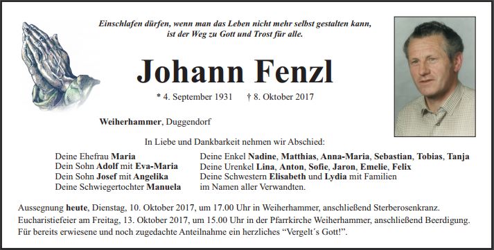 Traueranzeige Johann Fenzl, Weiherhammer