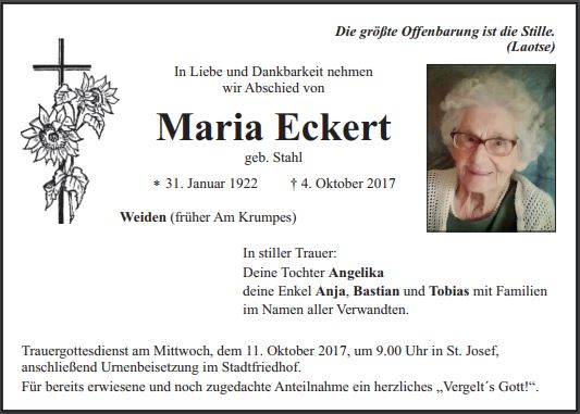 Traueranzeige Maria Eckert, Weiden