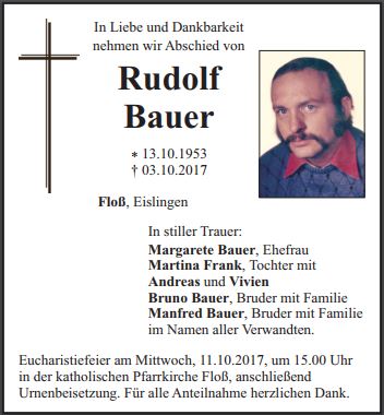 Traueranzeige Rudolf Bauer, Floß
