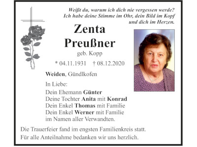 Traueranzeige Zenta Preußner, Weiden
