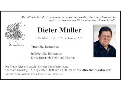 Traueranzeige Dieter Müller, Trausnitz