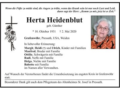 Traueranzeige Herta Heidenblut, Grafenwöhr