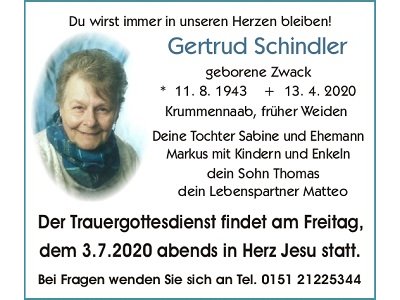 Trauergottesdienst Gertrud Schindler, Krummennaab