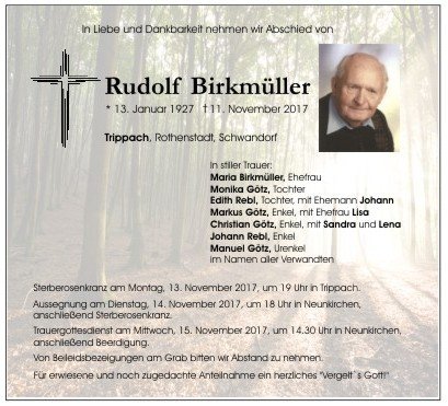 Traueranzeige Rudolf Birkmüller, Trippach