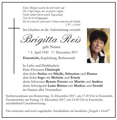 Traueranzeige Brigitta Reis, Rothenstadt