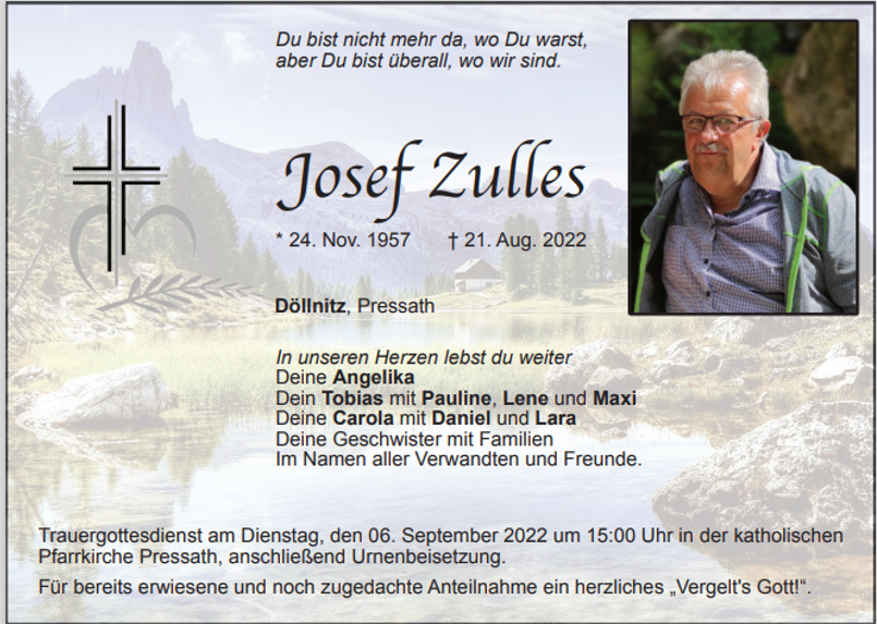 Traueranzeige Josef Zulles, Döllnitz/Pressath