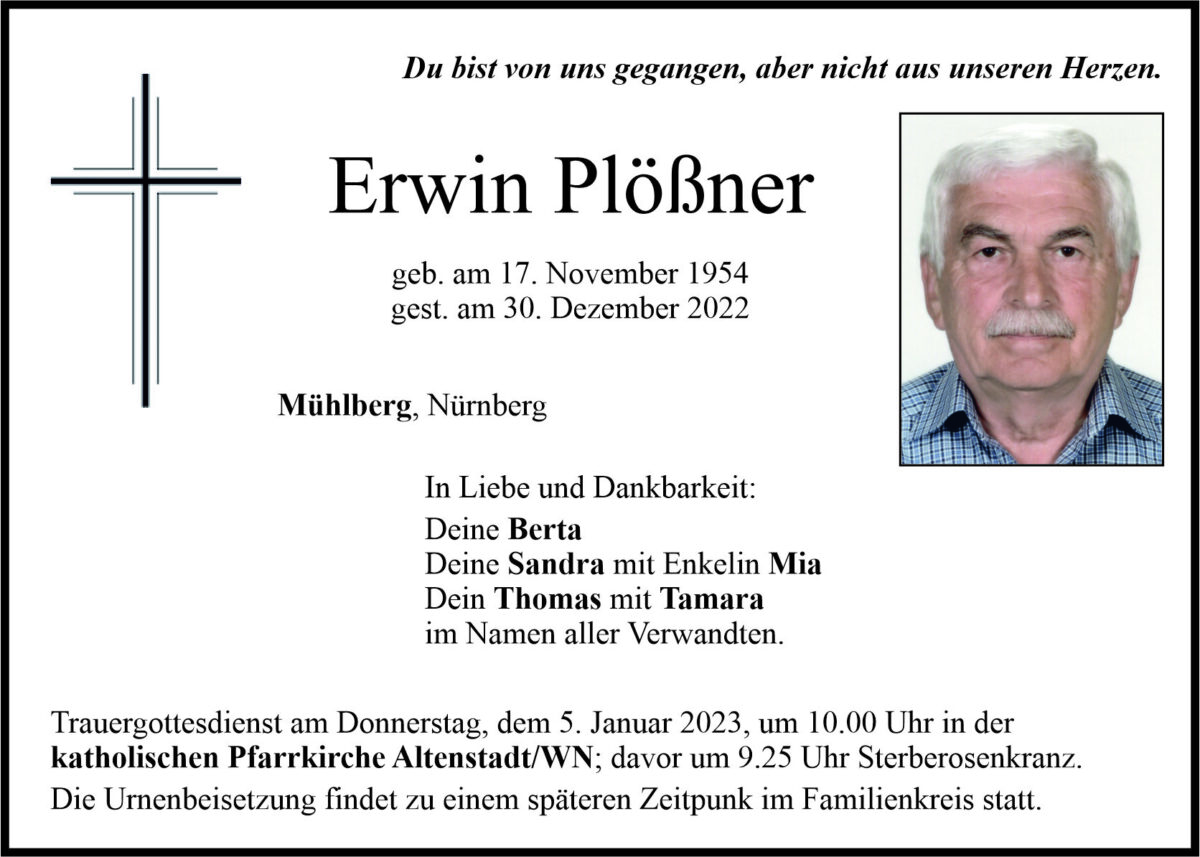Traueranzeige Erwin Plößner, Mühlberg
