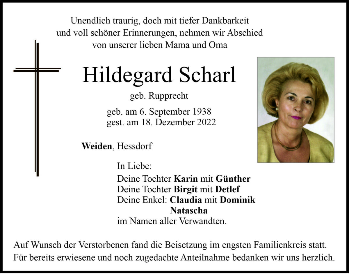 Traueranzeige Hildegard Scharl, Weiden