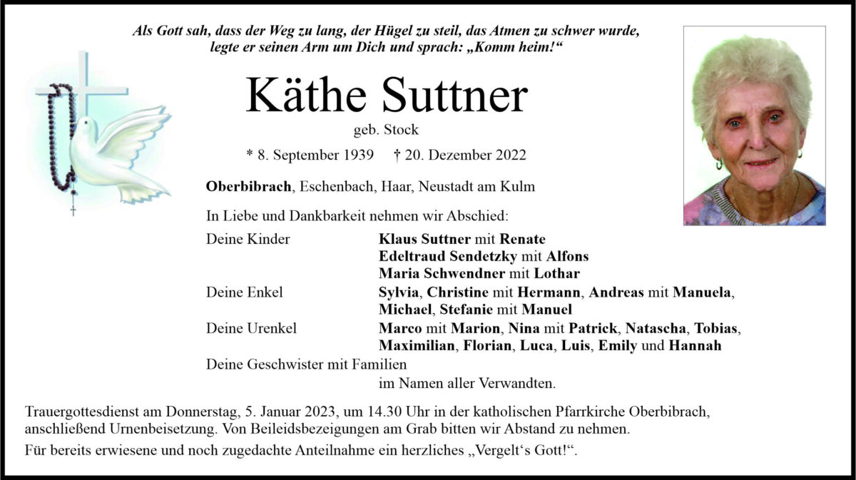 Traueranzeige Käthe Suttner, Oberbibrach