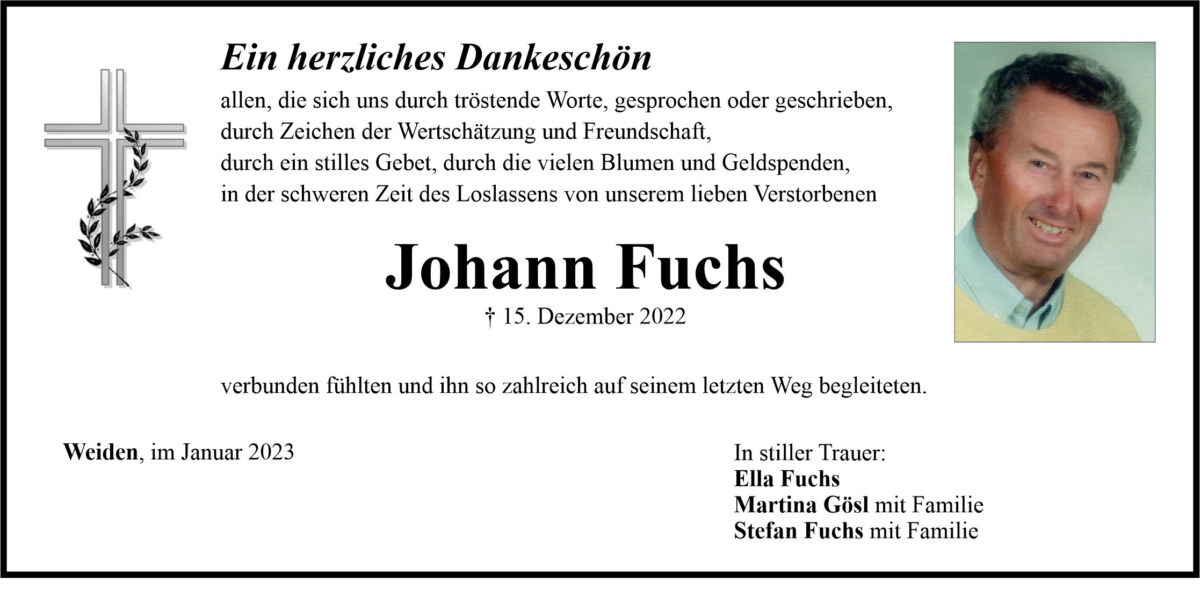 Danksagung Johann Fuchs, Weiden