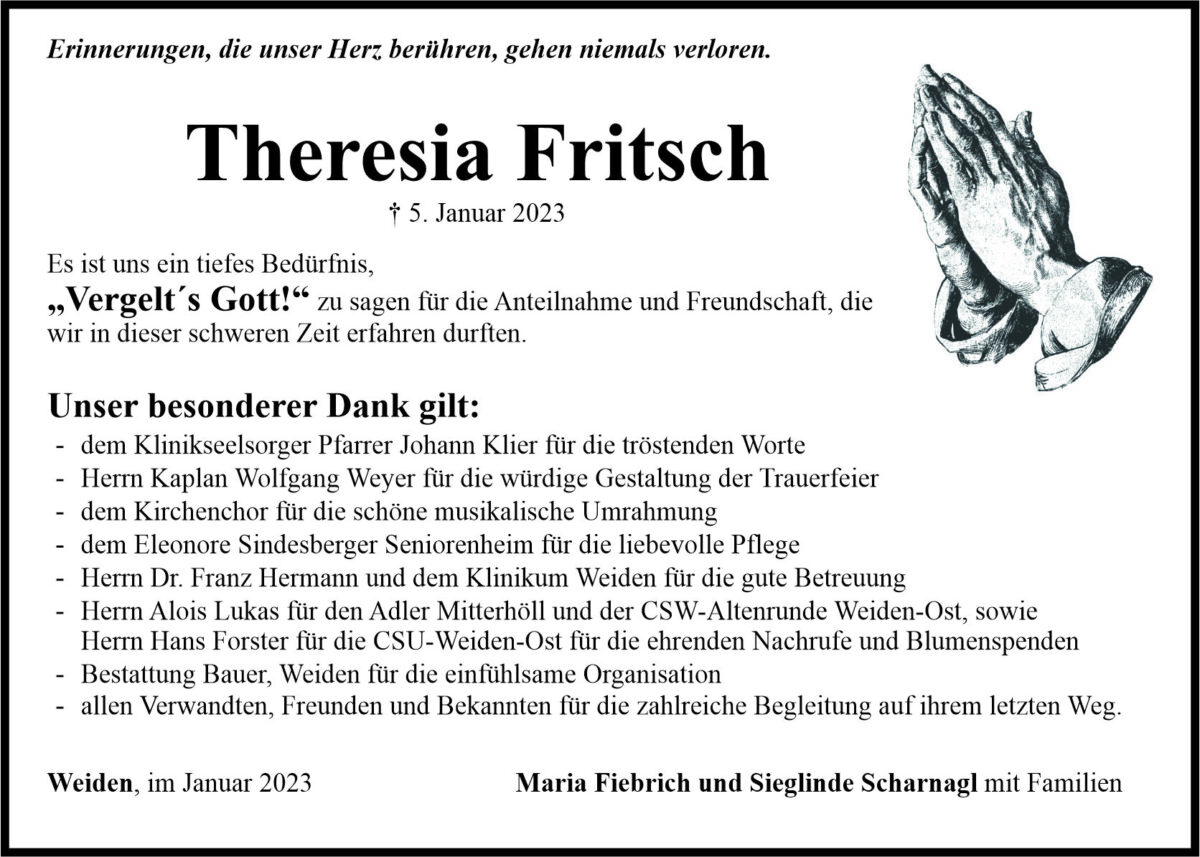 Danksagung Theresia Fritsch, Weiden