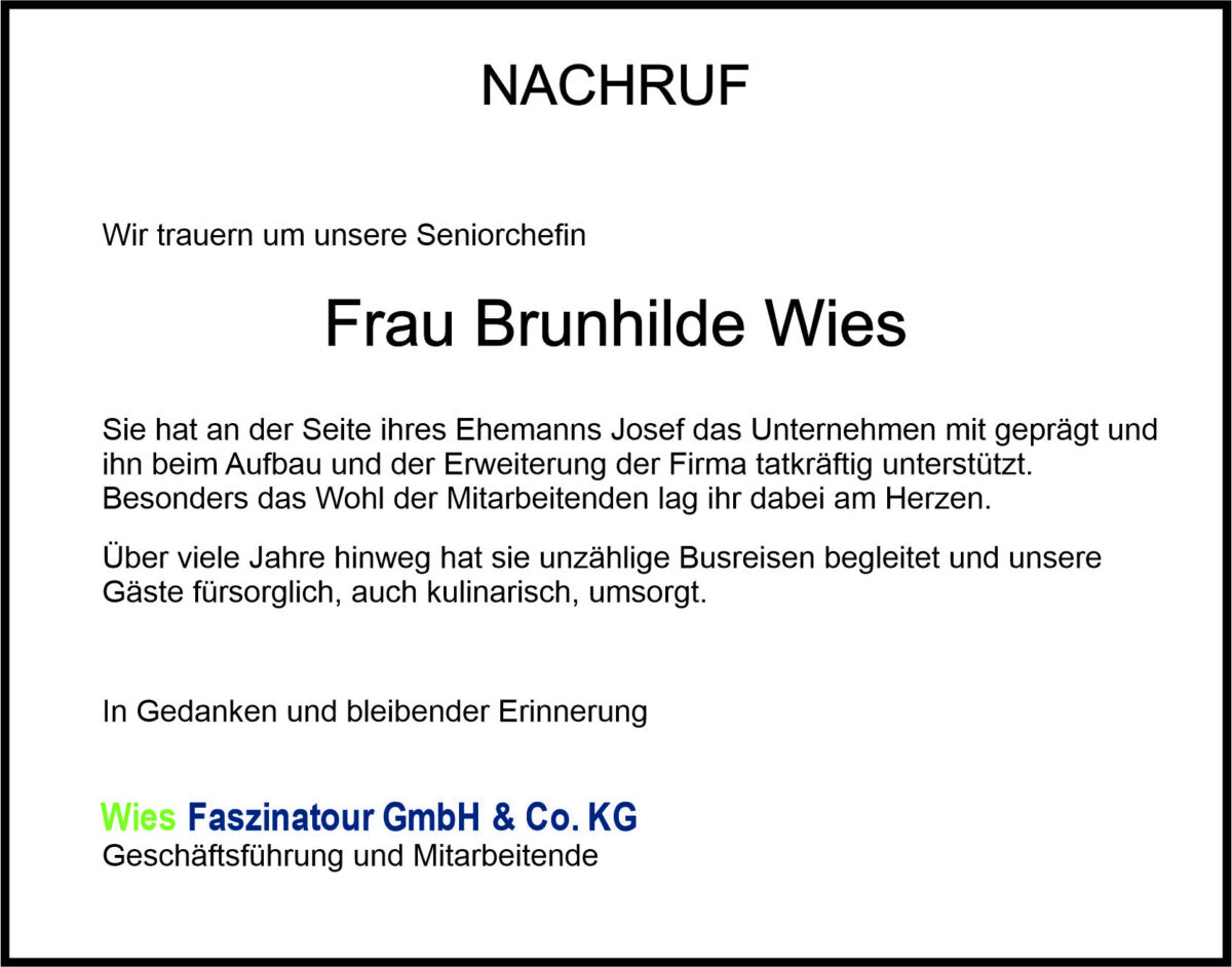 Nachruf Brunhilde Wies, Weiden