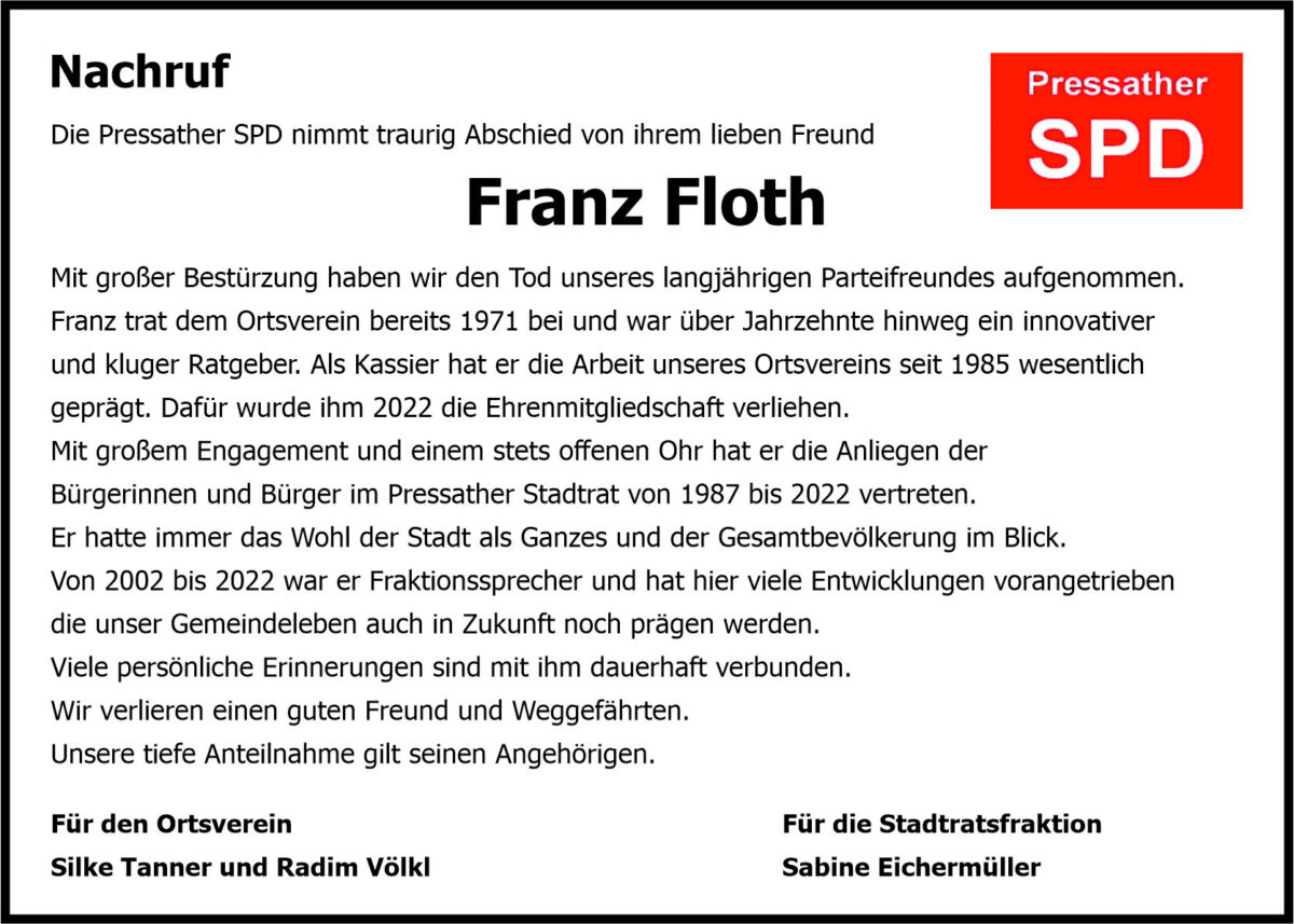 Nachruf Franz Floth, Pressath