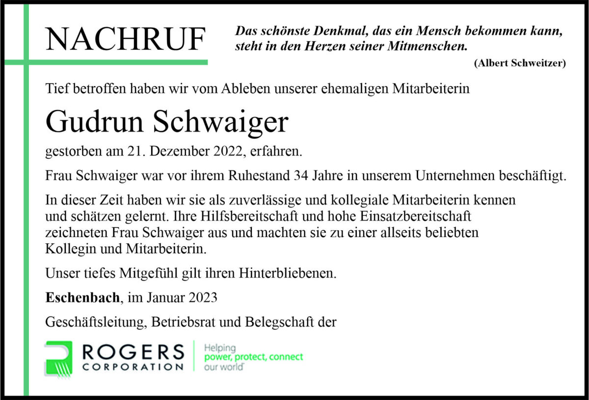 Nachruf Gudrun Schwaiger, Eschenbach