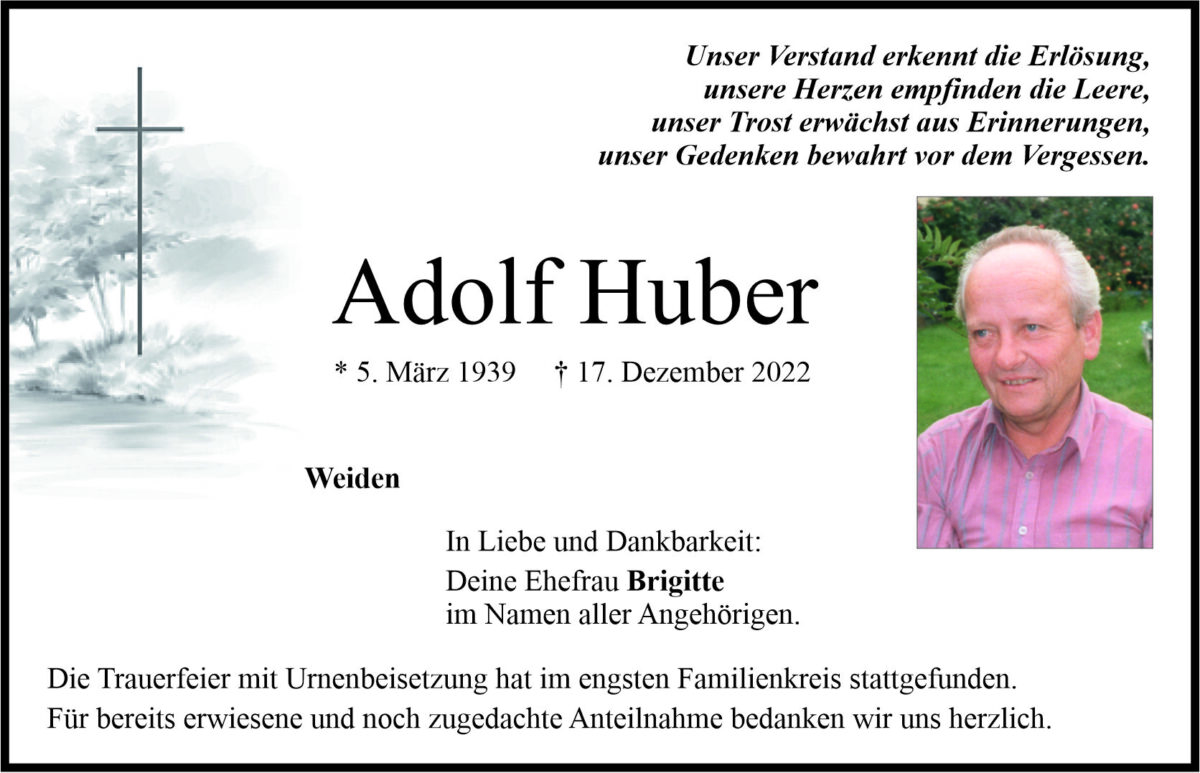 Traueranzeige Adolf Huber, Weiden