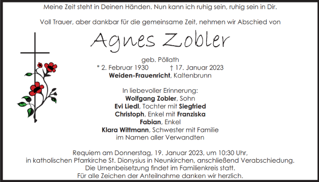 Traueranzeige Agnes Zobler, Weiden-Frauenricht
