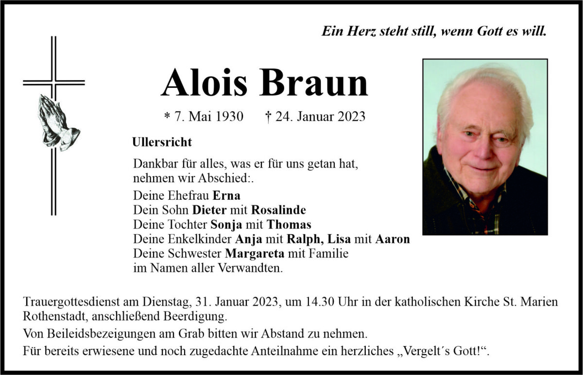 Traueranzeige Alois Braun, Ullersricht