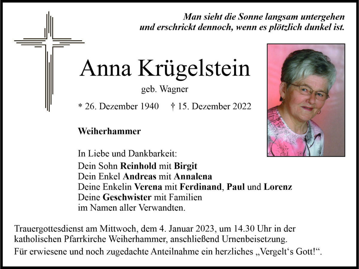 Traueranzeige Anna Krügelstein, Weiherhammer