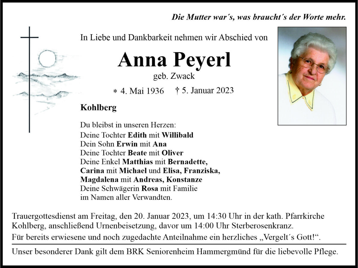 Traueranzeige Anna Peyerl, Kohlberg