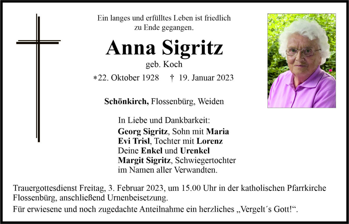 Traueranzeige Anna Sigritz, Schönkirch