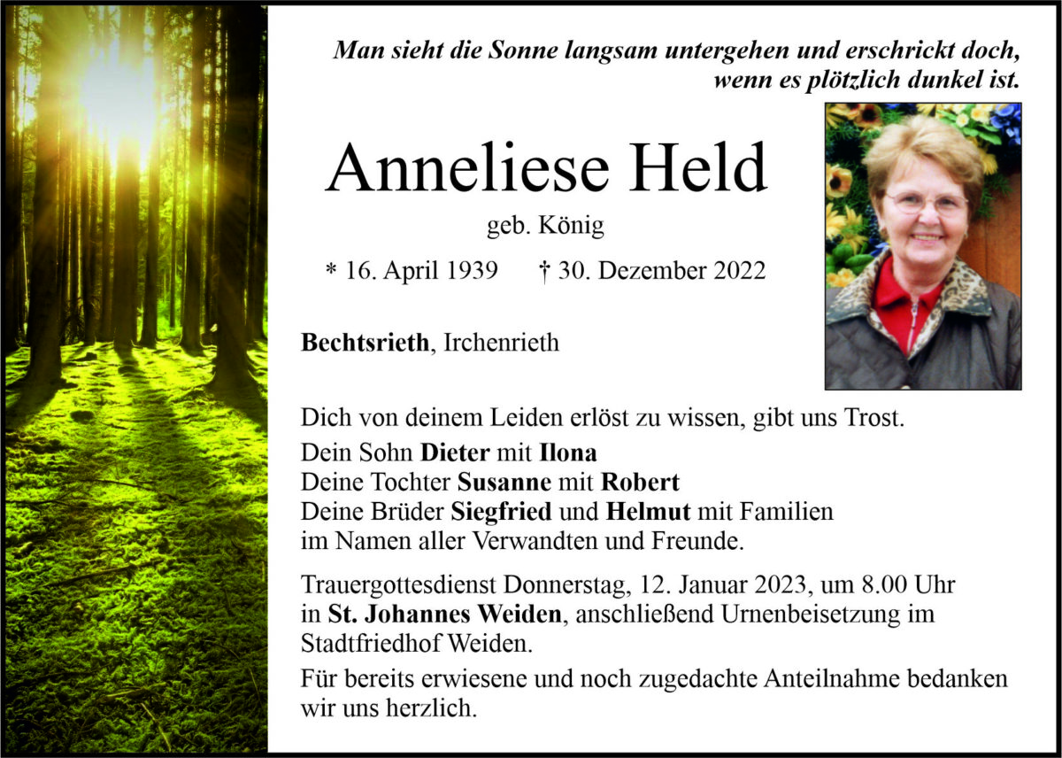 Traueranzeige Anneliese Held, Bechtsrieth