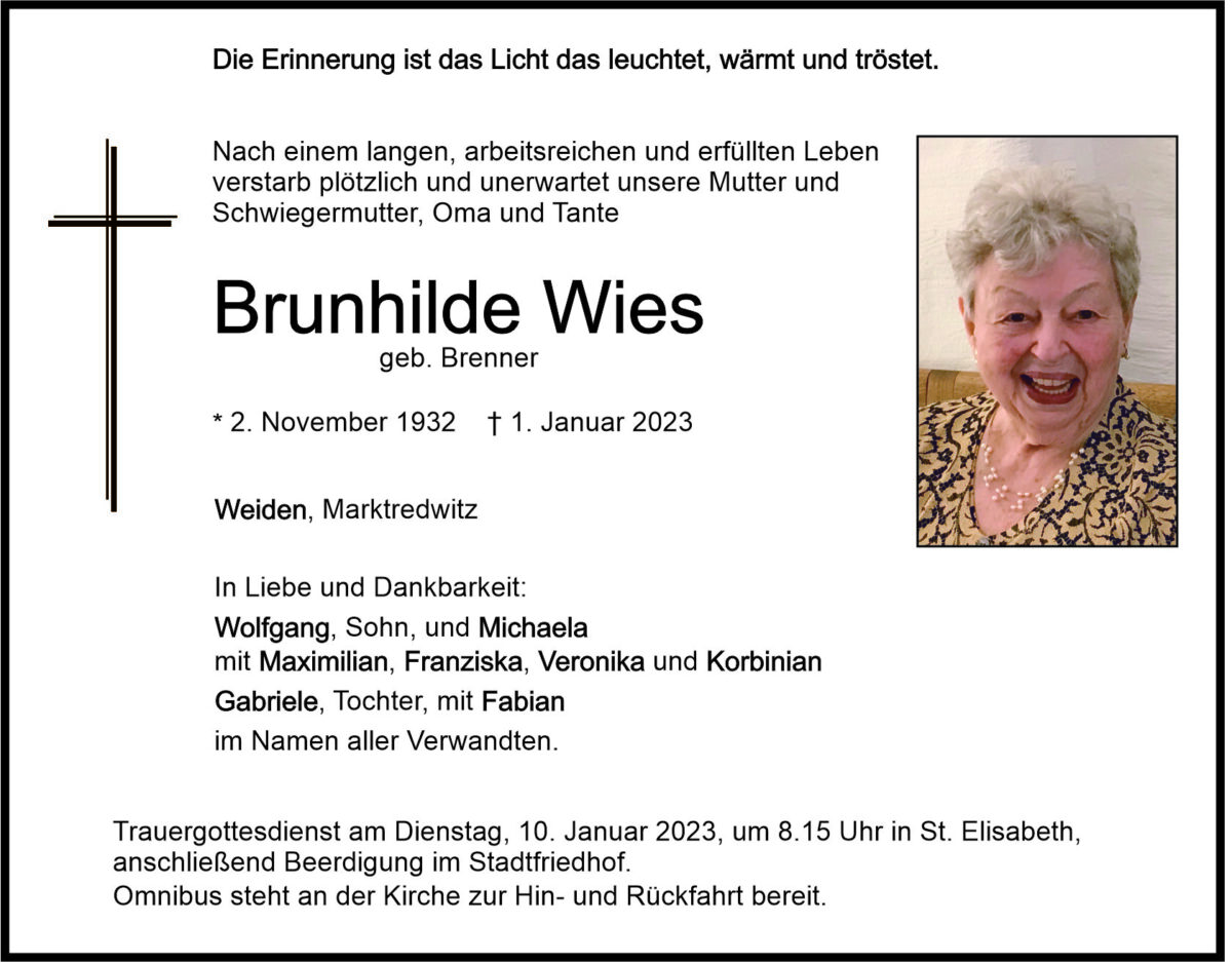 Traueranzeige Brunhilde Wies, Weiden