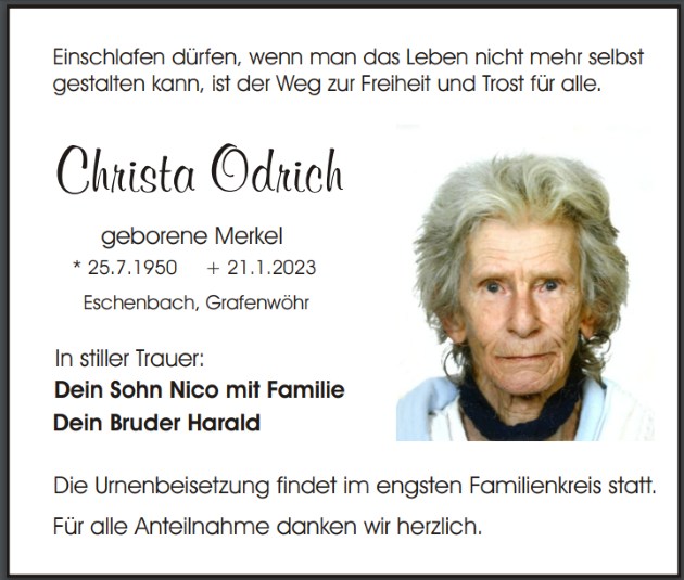 Traueranzeige Christa Odrich, Eschenbach