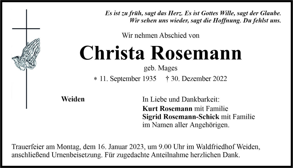 Traueranzeige Christa Rosemann, Weiden