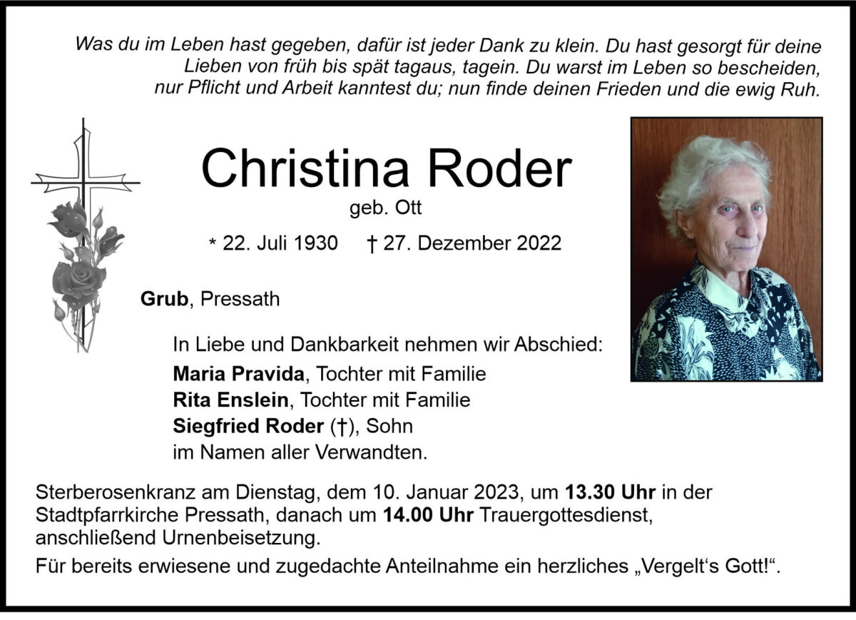 Traueranzeige Christina Roder, Grub