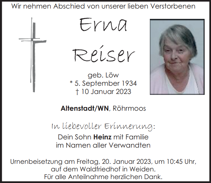 Traueranzeige Erna Reiser, Altenstadt/WN