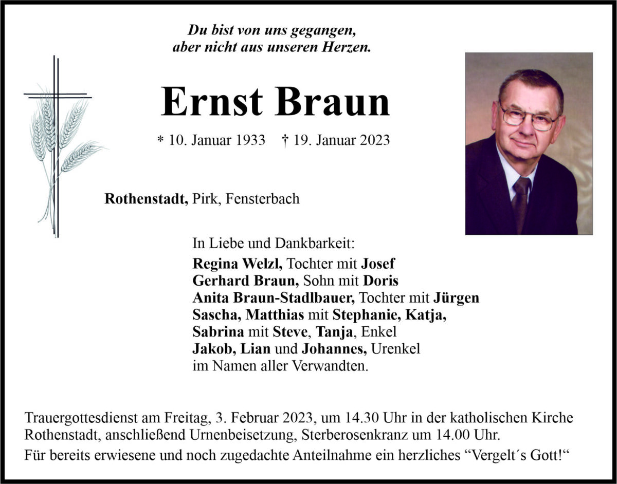 Traueranzeige Ernst Braun, Rothenstadt