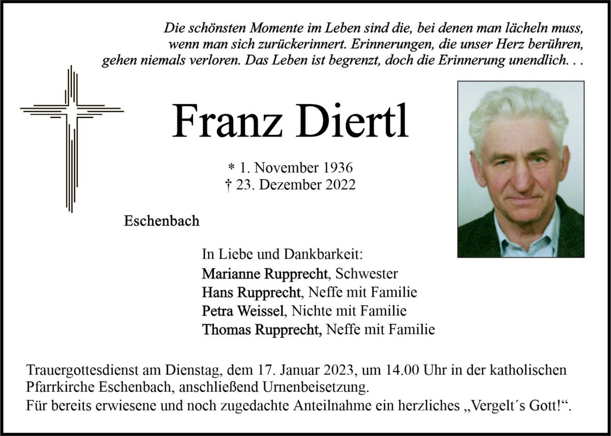 Traueranzeige Franz Diertl, Eschenbach