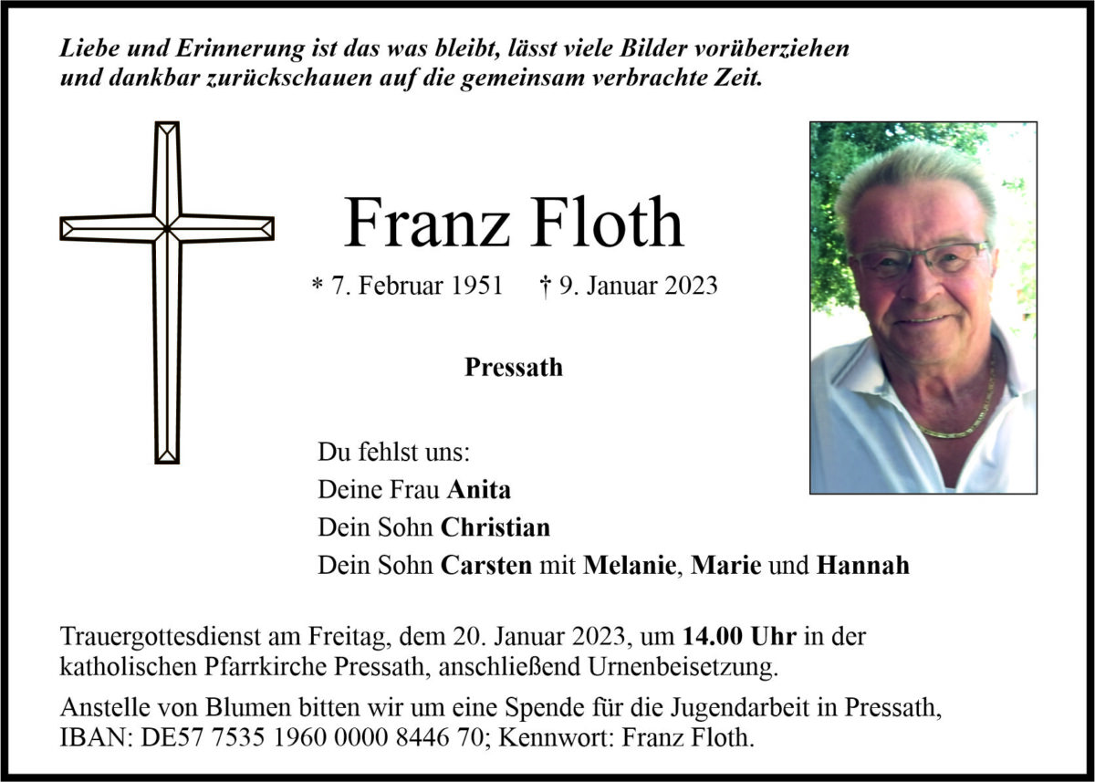 Traueranzeige Franz Floth, Pressath