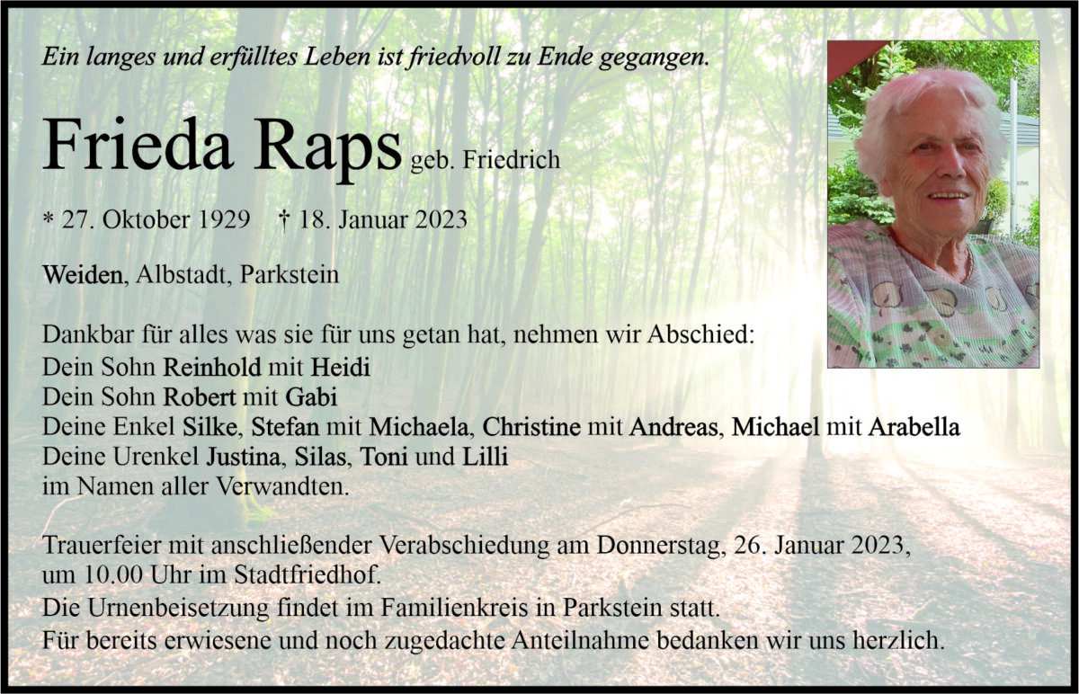 Traueranzeige Frieda Raps, Weiden