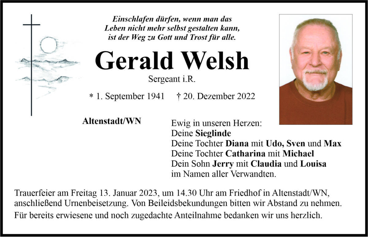 Traueranzeige Gerald Welsh, Altenstadt/WN