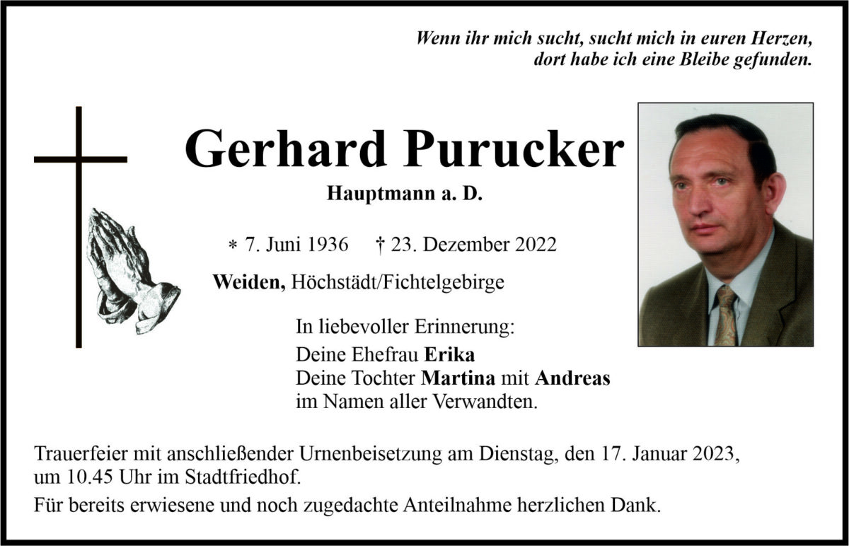 Traueranzeige Gerhard Purucker, Weiden