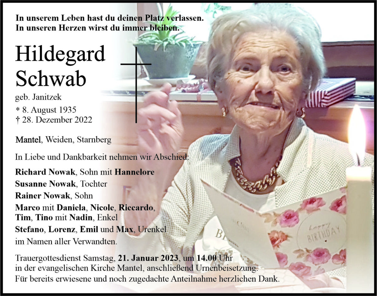 Traueranzeige Hildegard Schwab, Mantel