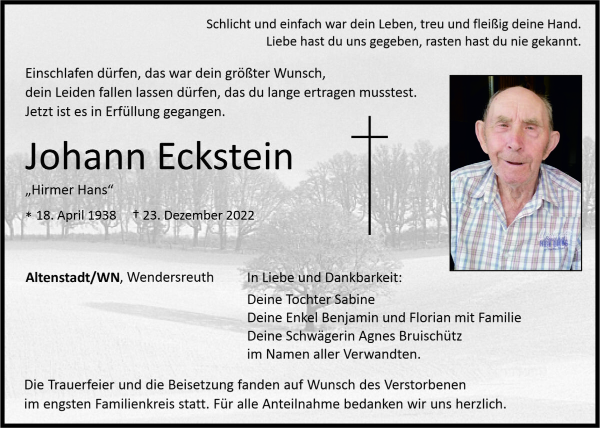 Traueranzeige Johann Eckstein, Altenstadt/WN