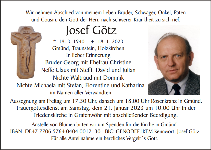 Traueranzeige Josef Götz, Gmünd