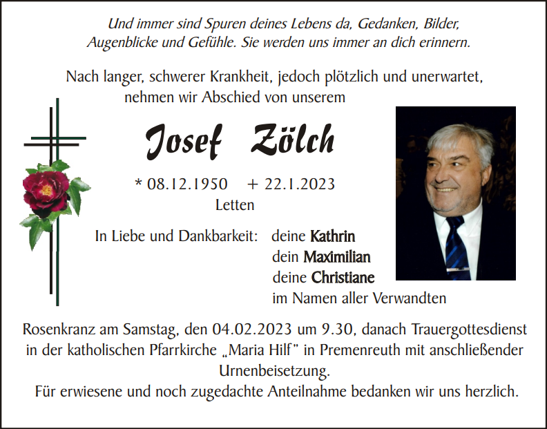 Traueranzeige Josef Zölch, Letten