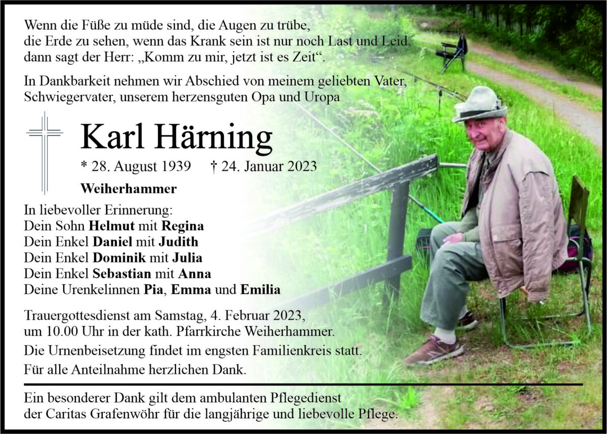 Traueranzeige Karl Härning, Weiherhammer