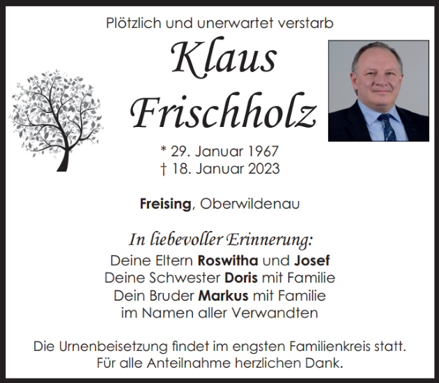 Traueranzeige Klaus Frischholz, Freising