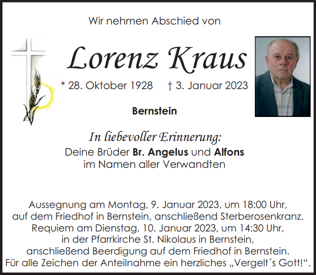 Traueranzeige Lorenz Kraus, Bernstein