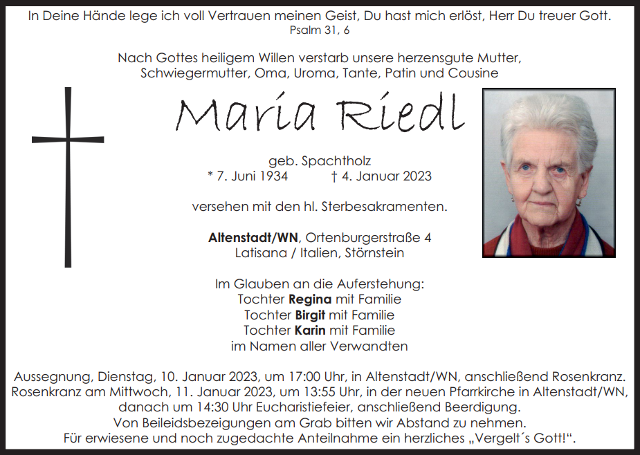 Traueranzeige Maria Riedl, Altenstadt/WN