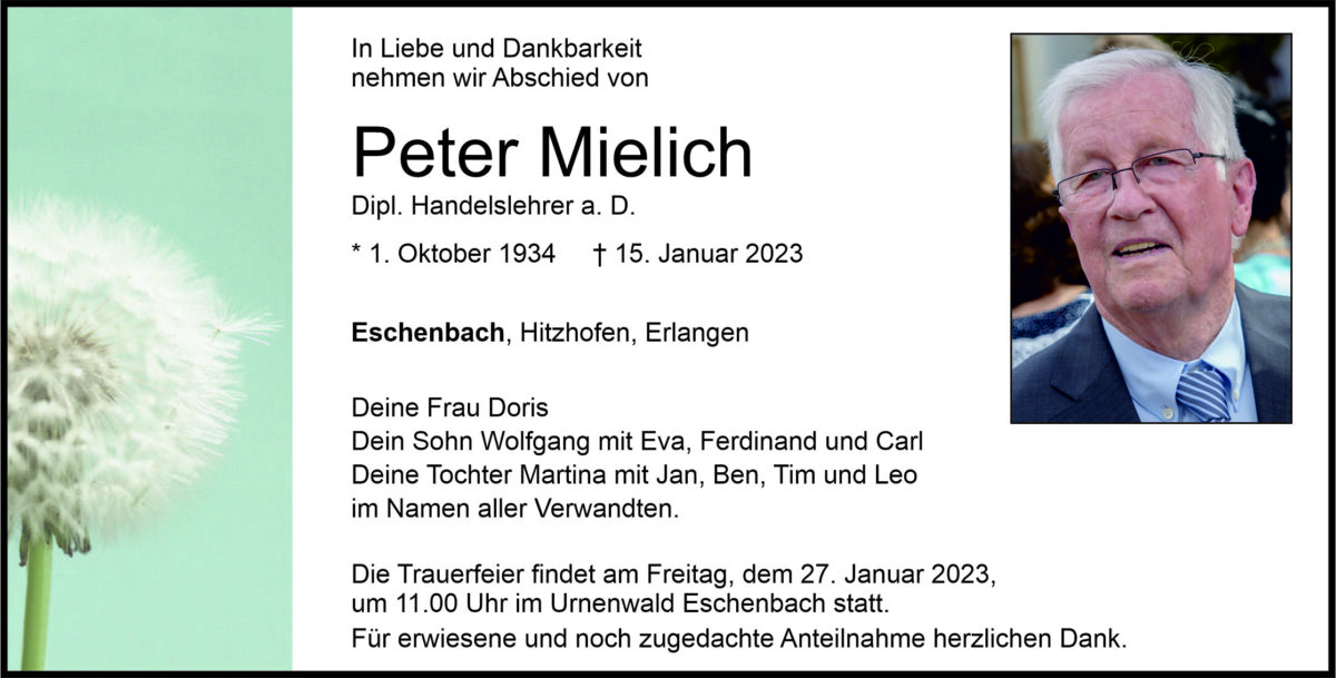 Traueranzeige Peter Mielich, Eschenbach
