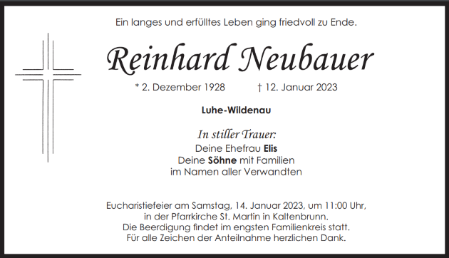 Traueranzeige Reinhard Neubauer, Luhe-Wildenau