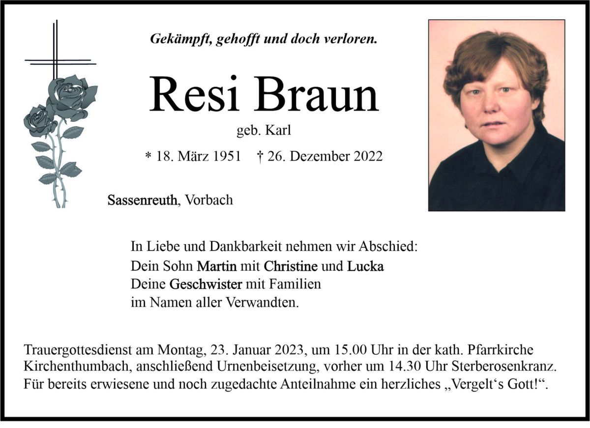 Traueranzeige Resi Braun, Sassenreuth