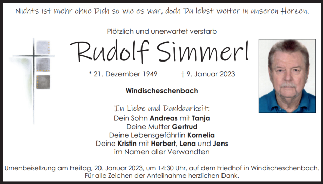 Traueranzeige Rudolf Simmerl, Windischeschenbach